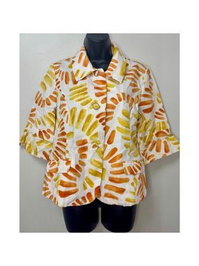 Women's Chico's Blazer 100% Cotton Size 1/M/8 White Yellow & Orange
